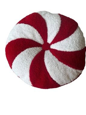 Red White Peppermint Swirl Round Throw Pillow Christmas Candy Decor